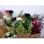 AN EXTENSIVE COLLECTION OF ARTIFICIAL FLOWERS, FLOWER PAILS, DISPLAY STANDS ETC.