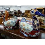 TWO LARGE IMARI DECORATED DUCK TUREENS.