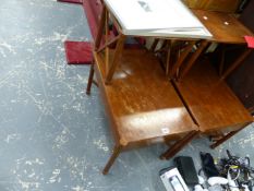 A PAIR OF MAHOGANY END TABLES.