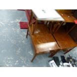 A PAIR OF MAHOGANY END TABLES.