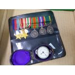 A GROUP OF SIX MINIATURE MILITARY MEDALS, A MAP DISTANCE MEASURER.