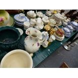 A LARGE COLLECTION OF ANTIQUE AND LATER DINNER WARES, PLANTERS ETC.