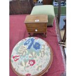 TWO ANTIQUE STOOLS AND A MINIATURE CHEST OF DRAWERS.