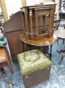 A NEST OF TABLES, A SMALL BARLEY TWIST OCCASIONAL TABLE, AND AN OTTOMAN.