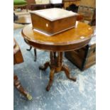 A VICTORIAN BURR WOOD CIRCULAR OCCASIONAL TABLE ON QUADROPED SUPPORTS.