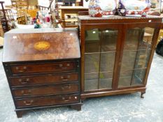 A REPRODUCTION MAHOGANY BUREAU TOGETHER WITH A MAHOGANY DISPLAY CABINET.