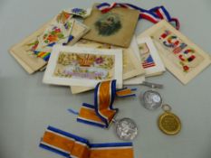 THREE WORLD WAR ONE MEDALS, WARTIME POST CARDS, SILKS ETC.