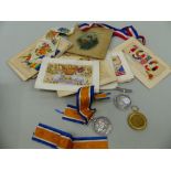 THREE WORLD WAR ONE MEDALS, WARTIME POST CARDS, SILKS ETC.