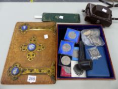 A VICTORIAN BURR WOOD BLOTTER COVER, VARIOUS 1977 CROWNS, A NOMO CAMERA, A BOXED PIPE ETC.
