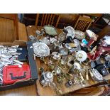 A LARGE BOX OF CUTLERY, PLATED WARES, ORNAMENTS ETC.
