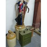 A QUANTITY OF UNION FLAGS, WALKING STICKS, STONE WARE POTS AND A FUEL CAN.