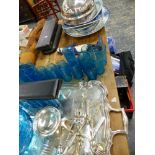 A SILVER PLATED MEAT COVER VARIOUS POTTERY MEAT PLATTERS, A SET OF BLUE GLASS DRINKING GLASSES,