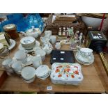 A 19TH C. PART TEA SET, PORCELAIN FIGURINES, ETC.