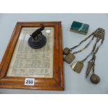 AN AGATE MOUNTED WHITE METAL BOX, A BRASS CHATELAINE, A BRONZE PAPERWEIGHT ETC.