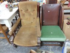 A LARGE VICTORIAN ARM CHAIR AND AN ART DECO LOW CHAIR.