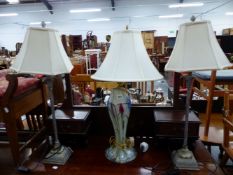 AN ART GLASS TABLE LAMP, AND A PAIR OF LAMPS.