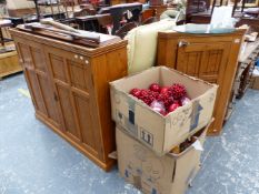 A BESPOKE OAK TWO DOOR WALL CABINET AND A MATCHING CORNER CABINET.