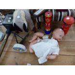 A CARRIAGE TYPE LANTERN, A DOLL, PUSH ALONG TOY, SOOTY ALARM CLOCK ETC.
