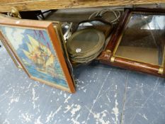 19TH C. ROSEWOOD MIRROR, AND FOUR FURTHER MIRRORS, AND TWO PICTURES.