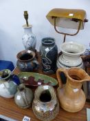 A DESK LAMP, AND A QUANTITY OF ART POTTERY.