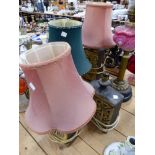 FOUR RETRO POTTERY LAMP BASES, A VICTORIAN OIL LAMP, AND TWO RETRO VASES.