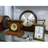 A BRASS CASED CARRIAGE CLOCK AND THREE MANTLE CLOCKS.