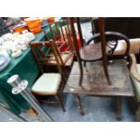 18TH C. OAK LOW TABLE, AND EDWARDIAN PLANT STAND AND THREE BEDROOM CHAIRS.