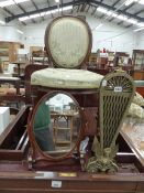 AN ANTIQUE FRENCH BEDROOM CHAIR, A SMALL SWING MIRROR, AND A FAN FORM FIRE GUARD.