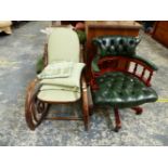 AN ANTIQUE BENTWOOD ROCKING CHAIR, TOGETHER WITH A MODERN BUTTON LEATHER SWIVEL OFFICE CHAIR.