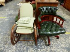 AN ANTIQUE BENTWOOD ROCKING CHAIR, TOGETHER WITH A MODERN BUTTON LEATHER SWIVEL OFFICE CHAIR.