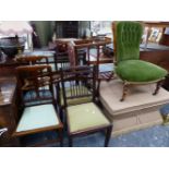 A VICTORIAN BUTTON BACK NURSING CHAIR, FIVE VARIOUS SIDE CHAIRS AND AN OTTOMAN.