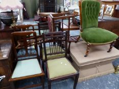 A VICTORIAN BUTTON BACK NURSING CHAIR, FIVE VARIOUS SIDE CHAIRS AND AN OTTOMAN.