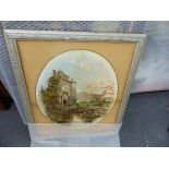 TWO EDWARDIAN PRINTS TOGETHER WITH A MODERN OIL ON CANVAS LANDSCAPE.