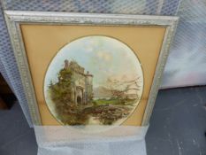 TWO EDWARDIAN PRINTS TOGETHER WITH A MODERN OIL ON CANVAS LANDSCAPE.