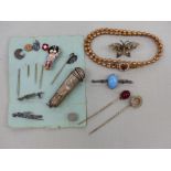 A COLLECTION OF VARIOUS STICK PINS, A PEARL SET ARMLET, A CHEROOT HOLDER ETC.