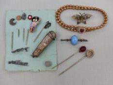 A COLLECTION OF VARIOUS STICK PINS, A PEARL SET ARMLET, A CHEROOT HOLDER ETC.