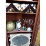 A COLLECTION OF DECORATIVE CHINA AND GLASS, A VINTAGE WINDOW ETC.