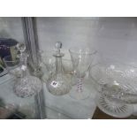A PAIR OF CUT GLASS DECANTERS, FOUR ANTIQUE RUMMERS ETC.