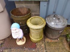 A CHIMNEY POT, WOODEN PLANTERS, GARDEN GNOME ETC.