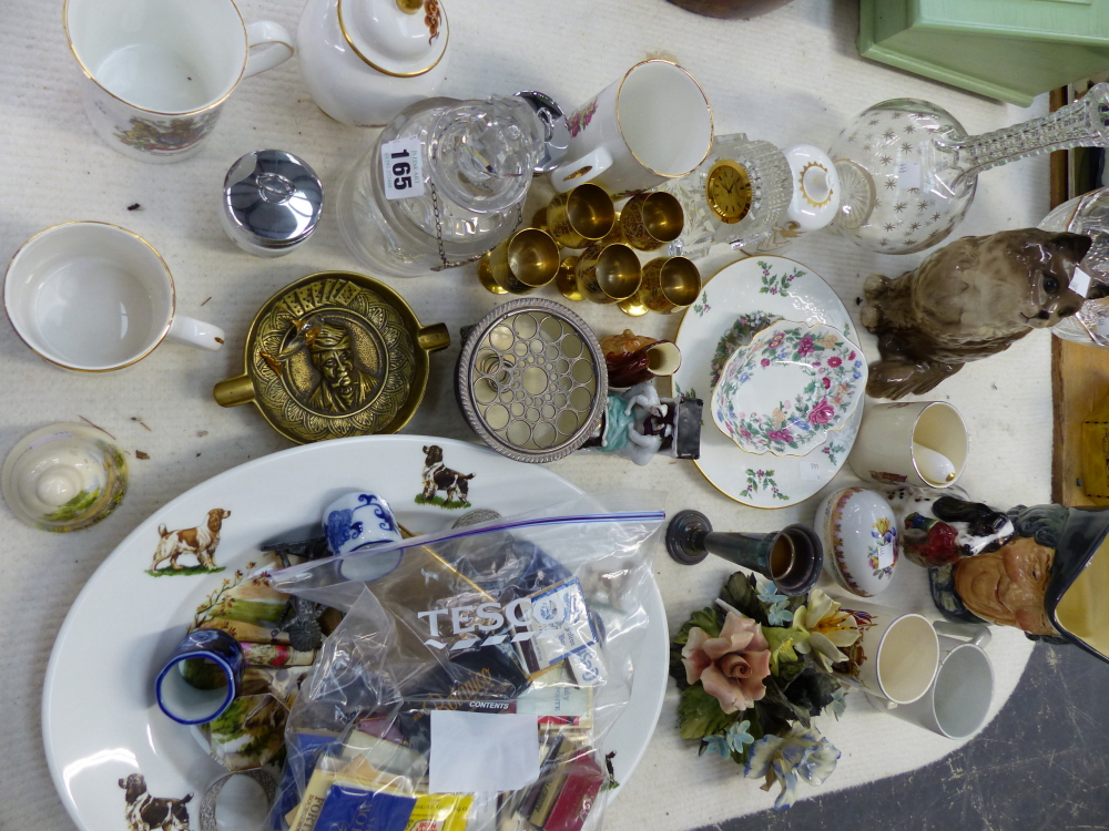 A SILVER HALLMARKED NAPKIN RING, A SILVER DECANTER LABEL AND DECANTER, OTHER GLASS WARES, DOULTON