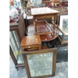 AN OAK BARLEY TWIST GATE LEG TABLE, AND THEE OCCASIONAL TABLES, AND AN OAK FRAMED MIRROR.