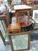 AN OAK BARLEY TWIST GATE LEG TABLE, AND THEE OCCASIONAL TABLES, AND AN OAK FRAMED MIRROR.