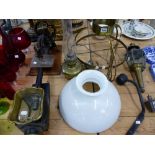 AN ART NOUVEAU HANGING OIL LAMP, A CARRIAGE LAMP, VINTAGE SEWING MACHINE ETC.