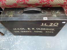 A LEATHER SUIT CASE, INSCRIBED LT,COL.B.H. OLDRIDGE, THE QUEENS ROYAL REGT.