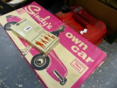 A SINDY'S OWN CAR IN ORIGINAL BOX, A ROCKWELL CALCULATOR AND A FUEL CAN.