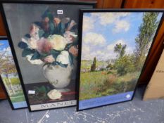 FOUR LARGE FURNISHING PRINTS AND A VENETIAN STYLE MIRROR.