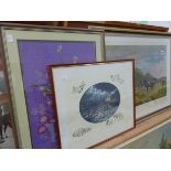 SIGNED LIMITED EDITION HORSE RACE PRINT BY MADELINE SELFE, TWO FURTHER PRINTS AND AN EMBROIDERY.