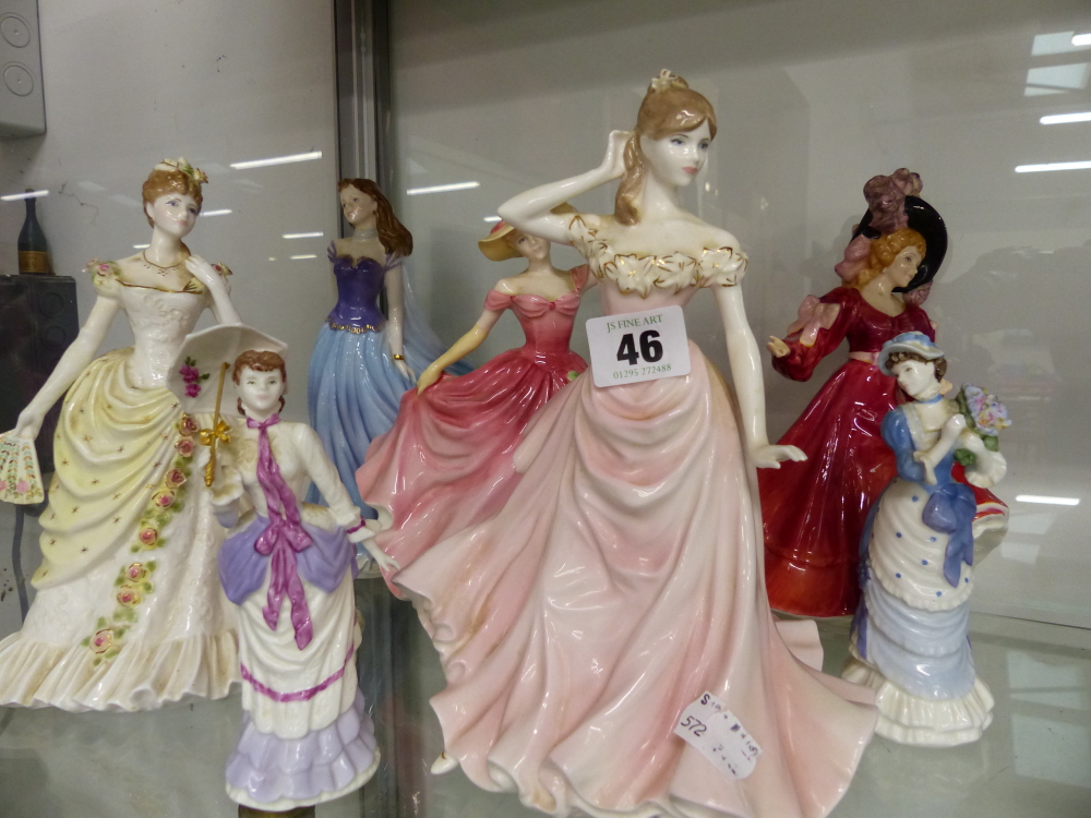 A QUANTITY OF COALPORT, DOULTON AND WORCESTER FIGURINES.