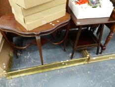 TWO MAHOGANY OCCASIONAL TABLES AND A LOW CHEQUER INLAID TABLE.