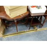 TWO MAHOGANY OCCASIONAL TABLES AND A LOW CHEQUER INLAID TABLE.